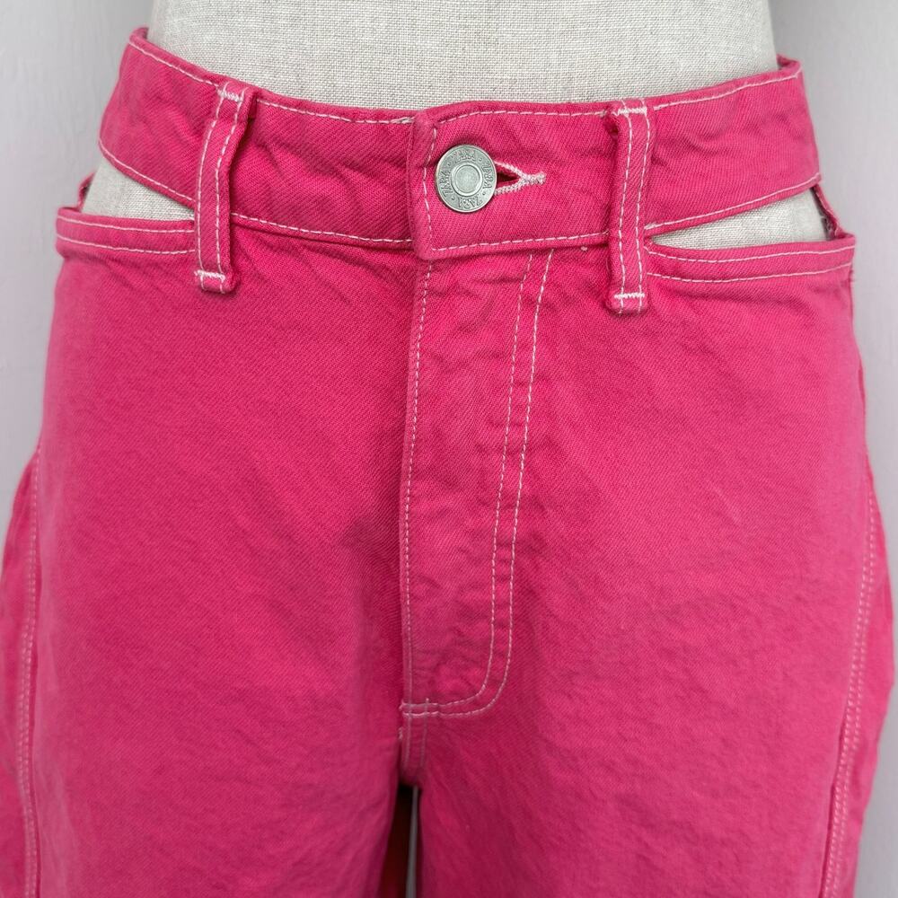 Zara Hot Pink Cutout Wide Leg Jeans Size 4 High Rise Cotton Fuchsia Bold